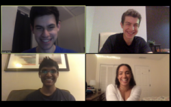 The Adora team in their virtual workspace. Clockwise from top left: Joseph Rubin, Ron Miasnik, Raya Ward, Sacheth Sathynarayanan. (Photo via Raya Ward)