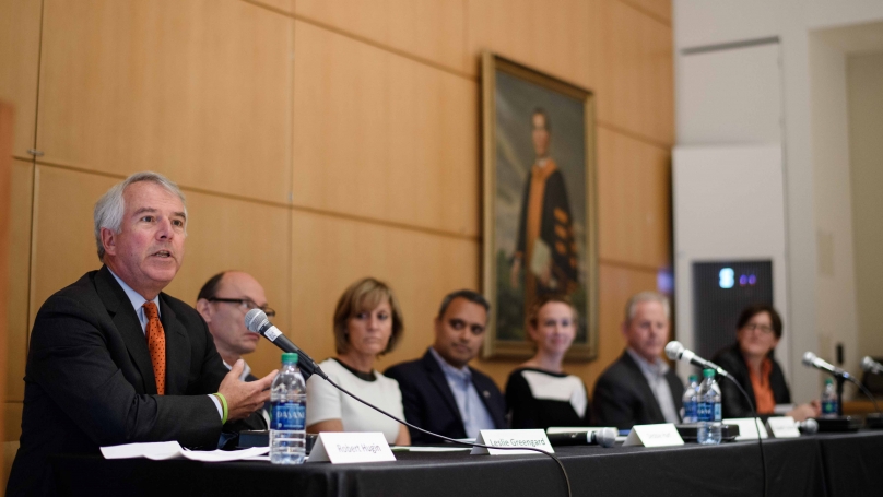 Panelists from left, Robert Hugin, Leslie Greengard, Debbie Hart, Prakash Balan, Elizabeth Bruce, William Welsh, and Jennifer Rexford