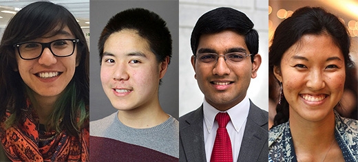 Photo of four Goldwater Recipients: Lamia Ateshian, Jonathan Lu, Omkar Shende and Sally Jiao.