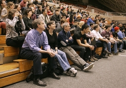 Professor Edward Felten (at left in blue), director of Princeton's Center for Information Technology Policy, attended the closing ceremonies and delivered a talk on electronic currencies such as Bitcoin. (Photo by Frank Wojciechowski for the Office of Engineering Communications)